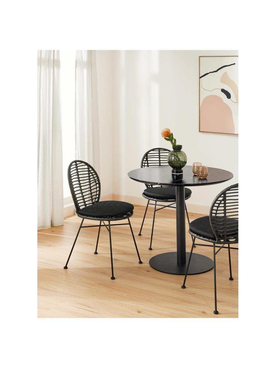 Sillas de ratán con cojín Cordula, 2 uds., Asiento: polietileno, Estructura: metal con pintura en polv, Negro, An 48 x F 57 cm