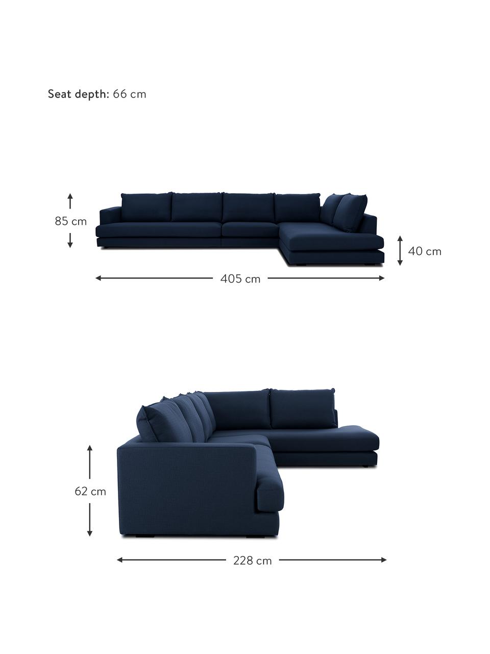 Divano angolare XXL in tessuto blu scuro Tribeca, Rivestimento: 100% poliestere Il rivest, Struttura: legno di faggio massiccio, Piedini: legno massiccio di faggio, Tessuto blu scuro, Larg. 405 x Prof. 228 cm