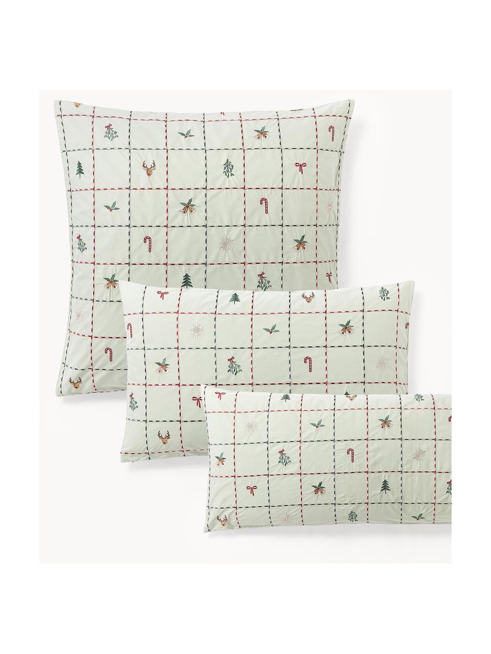 Funda nórdica de percal con bordado navideño Rudy, Verde salvia, multicolor, An 45 x L 110 cm
