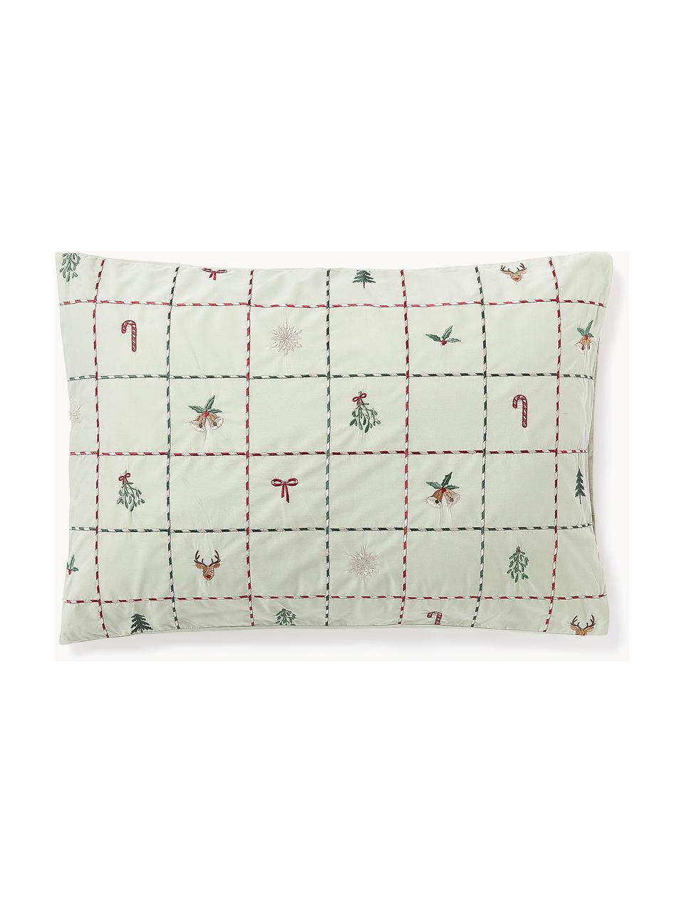 Funda nórdica de percal con bordado navideño Rudy, Verde salvia, multicolor, An 45 x L 110 cm