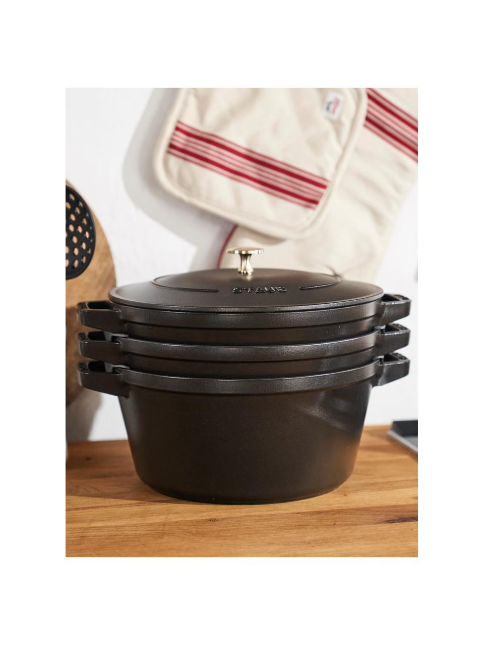 Set de baterías de cocina de hierro fundido La Cocotte, 3 uds., Hierro fundido esmaltado, Negro mate, Set de diferentes tamaños