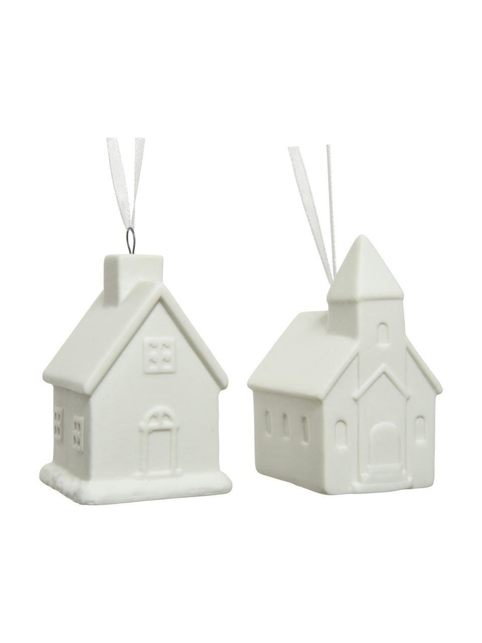 Porcelánové závěsné ozdoby Haus, V 6 cm, 2 ks, Porcelán, Bílá, Š 5 cm, V 6 cm