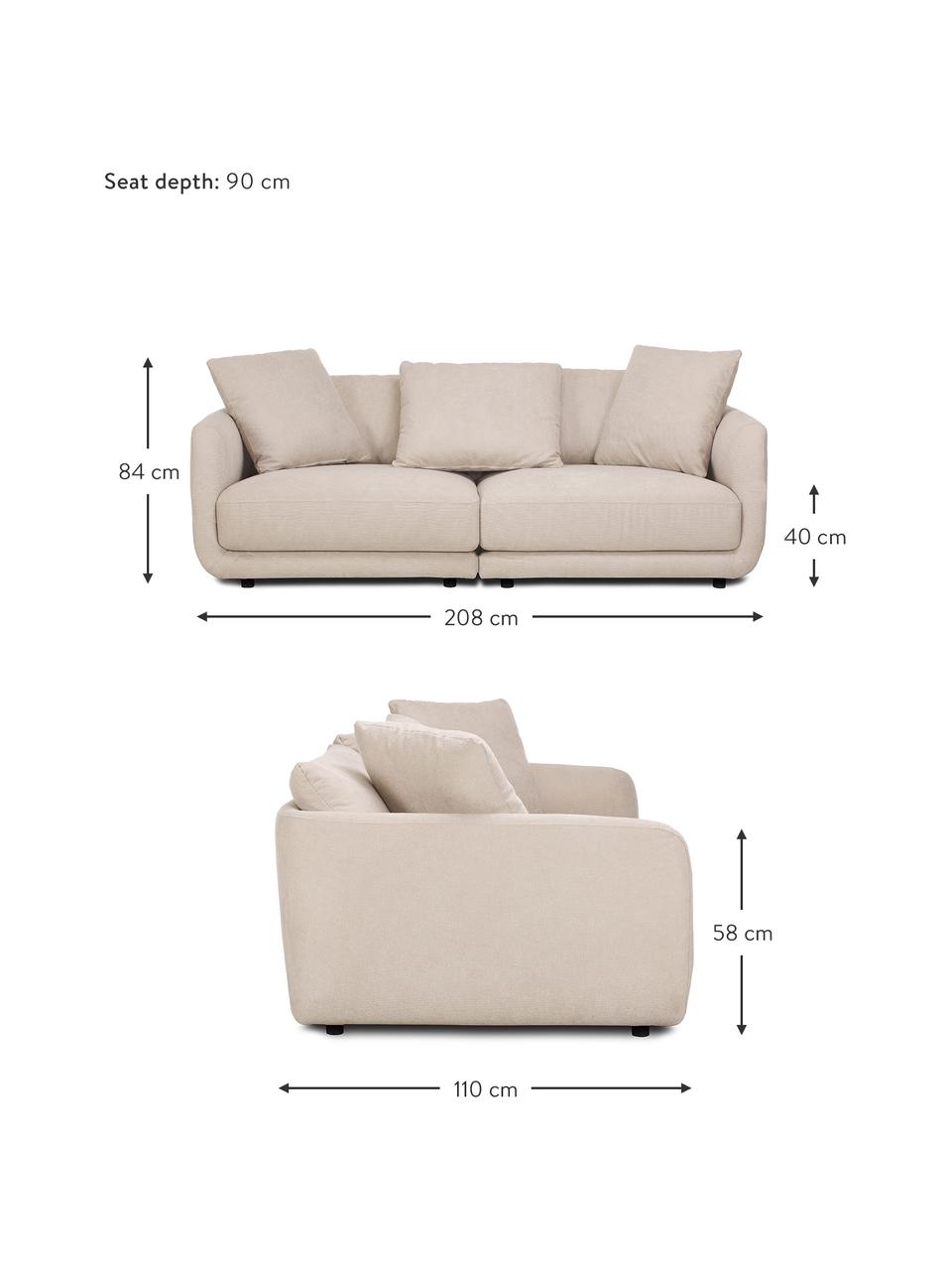 Modulaire zitbank Jasmin (3-zits) in beige, Bekleding: 85% polyester, 15% nylon , Frame: massief sparrenhout FSC-g, Poten: kunststof, Stof beige, B 208 x H 84 cm