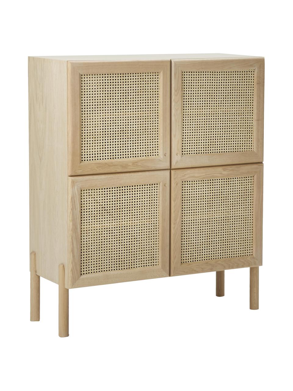 Credenza alta in legno di quercia con intreccio viennese Jolie, Gambe: legno di quercia massello, Legno di quercia, beige, Larg. 106 x Alt. 127 cm