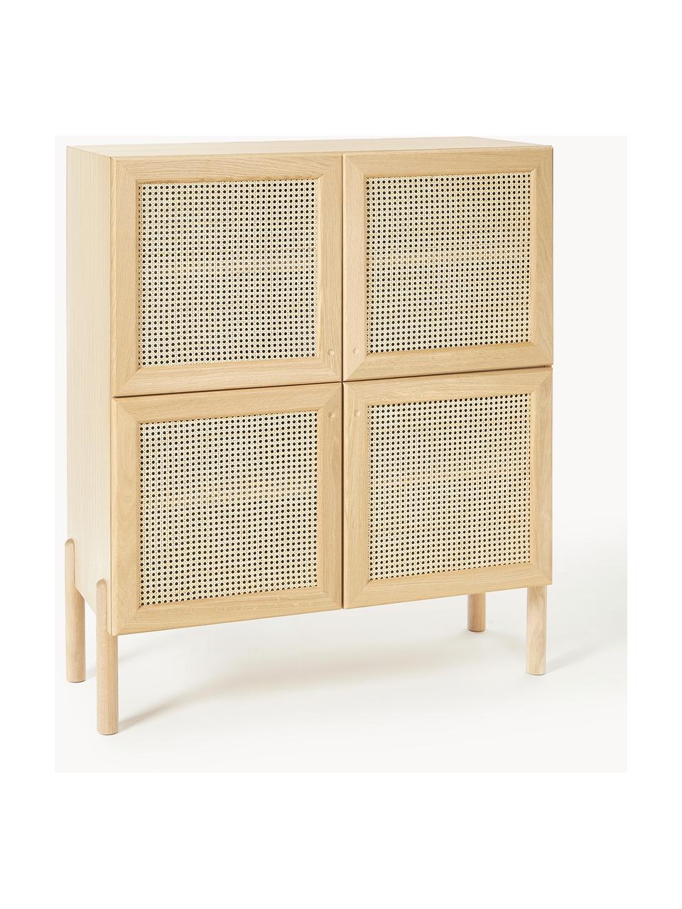 Chiffonnier de madera de roble con tejido vienés Jolie, Estructura: tablero de fibra de densi, Patas: madera de roble macizo, Madera de roble, beige, An 106 x Al 127 cm