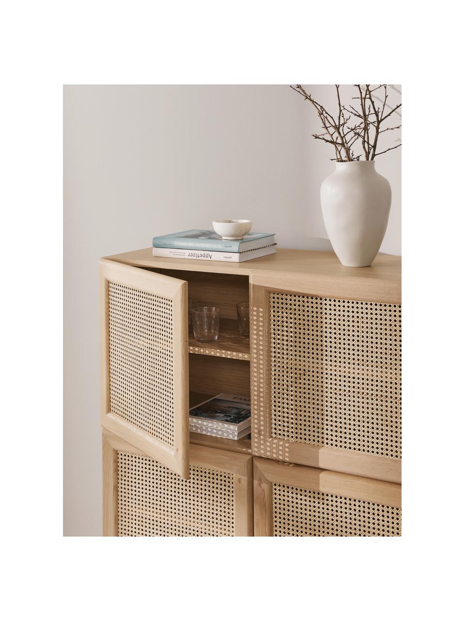 Chiffonnier de madera de roble con tejido vienés Jolie, Estructura: tablero de fibra de densi, Patas: madera de roble, Madera de roble, beige, An 106 x Al 127 cm