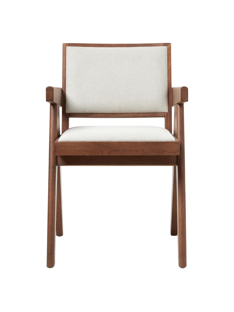 Krzesło tapicerowane z drewna z podłokietnikami Sissi, Stelaż: lite drewno dębowe, Tapicerka: 100% poliester, Ciemne drewno naturalne z tapicerką, S 58 x G 52 cm