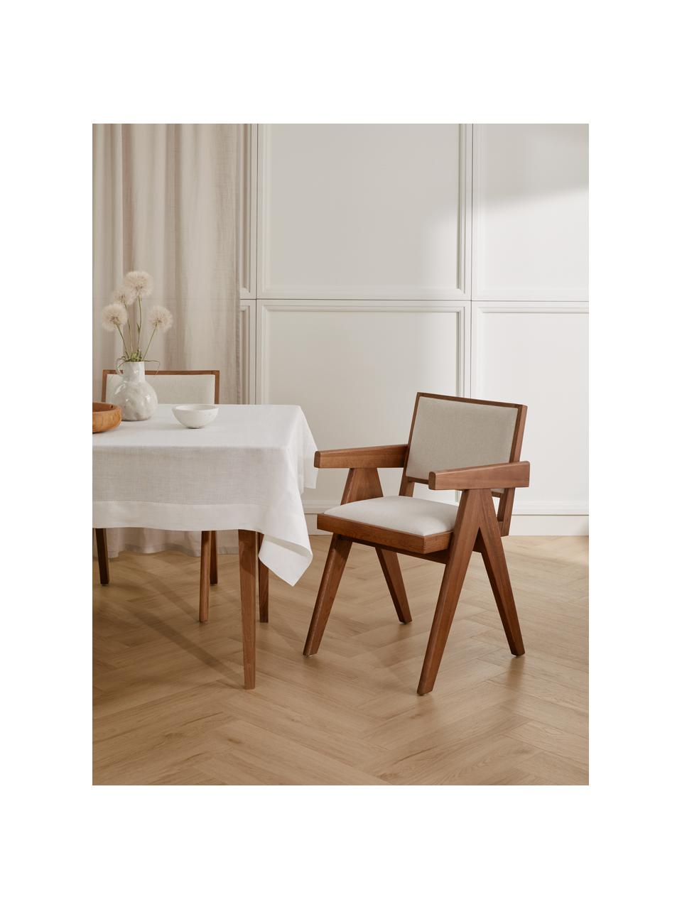 Sedia con braccioli con imbottitura Sissi, Rivestimento: 100% poliestere Con 10.00, Struttura: legno di quercia massicci, Seduta: multistrato di eucalipto, Tessuto bianco crema, legno di quercia scuro, Larg. 58 x Prof. 52 cm