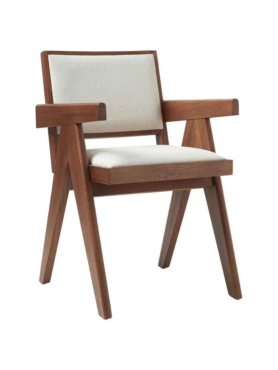 Sedia con braccioli con imbottitura Sissi, Rivestimento: 100% poliestere Con 10.00, Struttura: legno di quercia massicci, Seduta: multistrato di eucalipto, Tessuto bianco crema, legno di quercia scuro, Larg. 58 x Prof. 52 cm