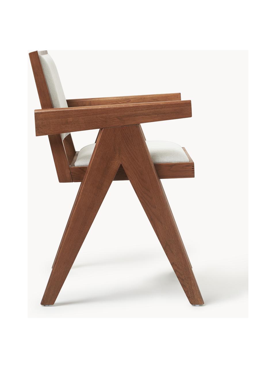 Silla tapizada con reposabrazos Sissi, Tapizado: 100% poliéster Alta resis, Estructura: madera de roble, Asiento: contrachapado de madera d, Tejido blanco crema, madera de roble oscura, An 58 x F 52 cm