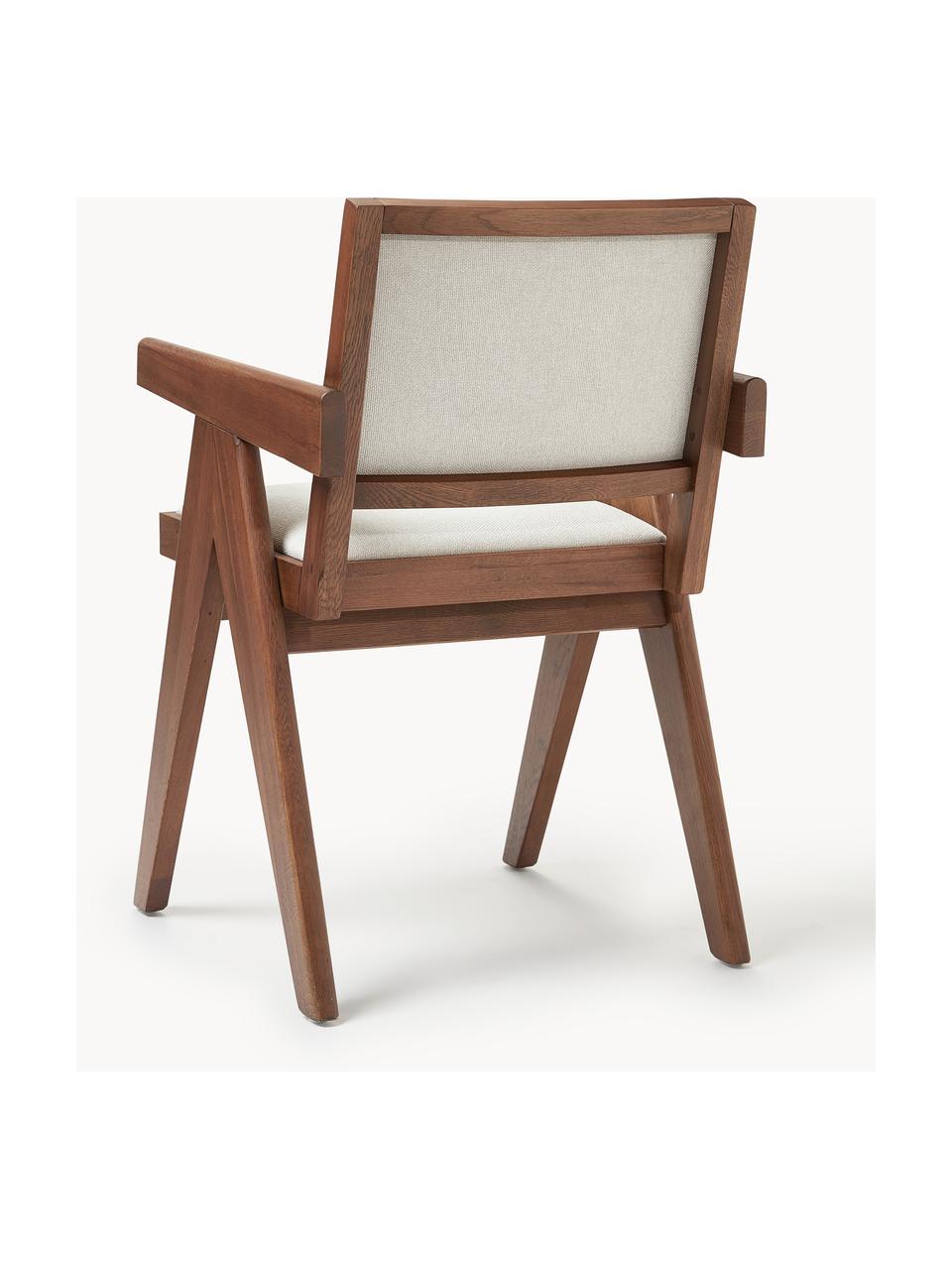 Silla tapizada con reposabrazos Sissi, Tapizado: 100% poliéster Alta resis, Estructura: madera de roble, Asiento: contrachapado de madera d, Tejido blanco crema, madera de roble oscura, An 58 x F 52 cm