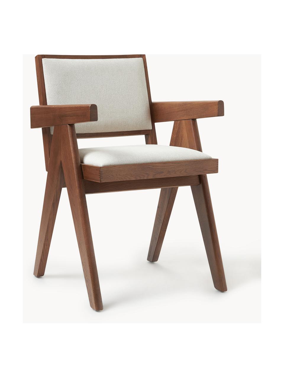 Silla tapizada con reposabrazos Sissi, Tapizado: 100% poliéster Alta resis, Estructura: madera de roble, Asiento: contrachapado de madera d, Tejido blanco crema, madera de roble oscura, An 58 x F 52 cm