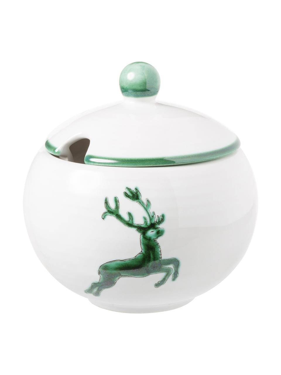 Handbeschilderde suikerpot Classic Green Deer, Keramiek, Wit, Ø 10 cm