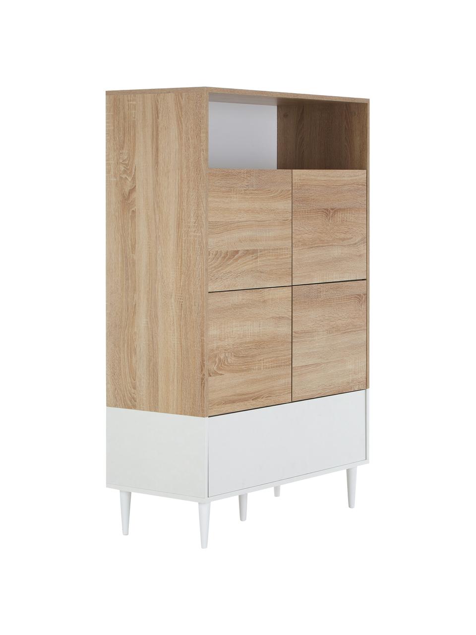 Credenza alta scandi con effetto legno di quercia Horizon, Piedini: legno massiccio di faggio, Legno di quercia, bianco, Larg. 90 x Alt. 141 cm