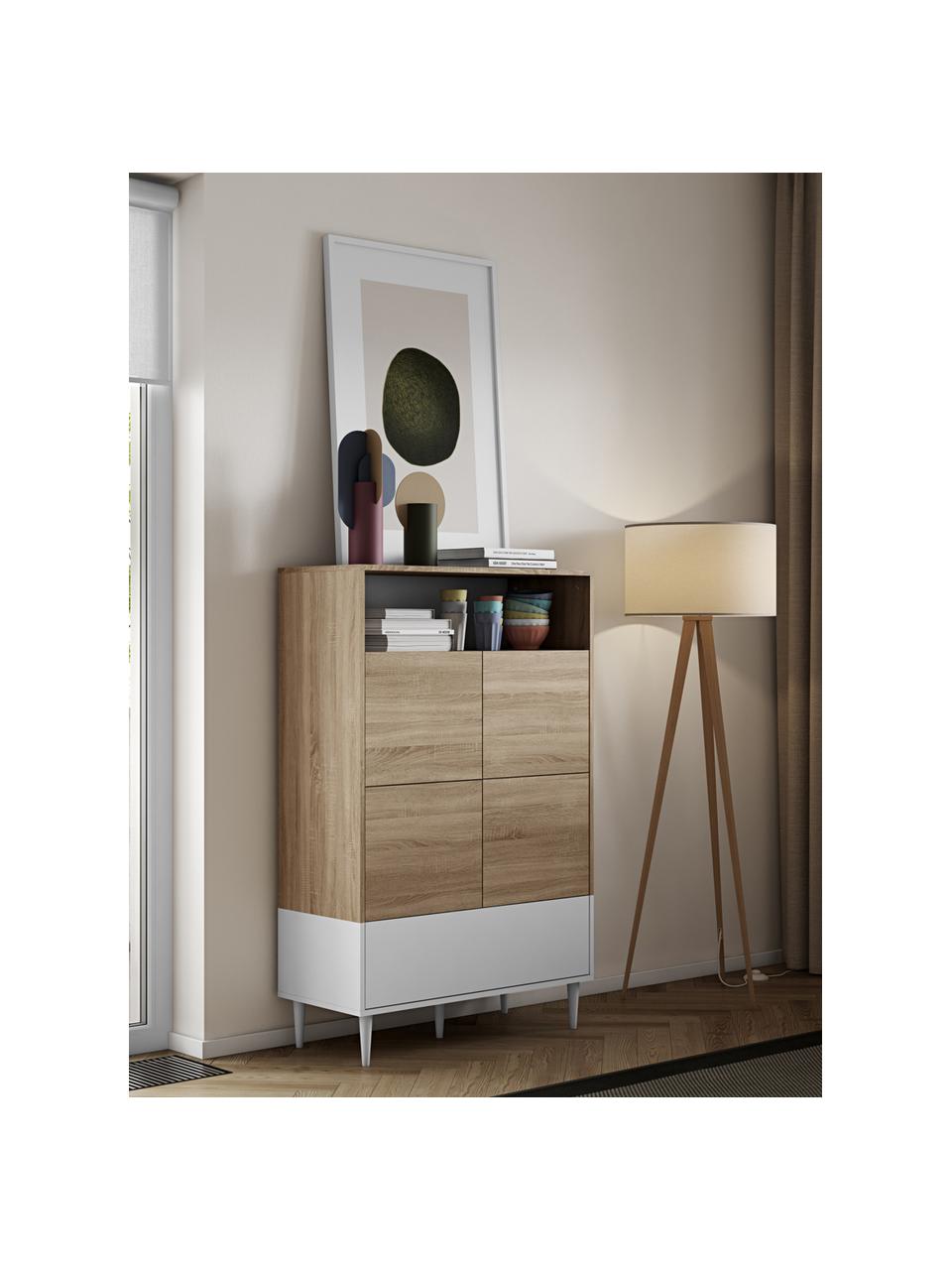 Chiffonnier alto Horizon, Patas: madera de haya maciza pin, Roble, blanco, An 90 x Al 141 cm