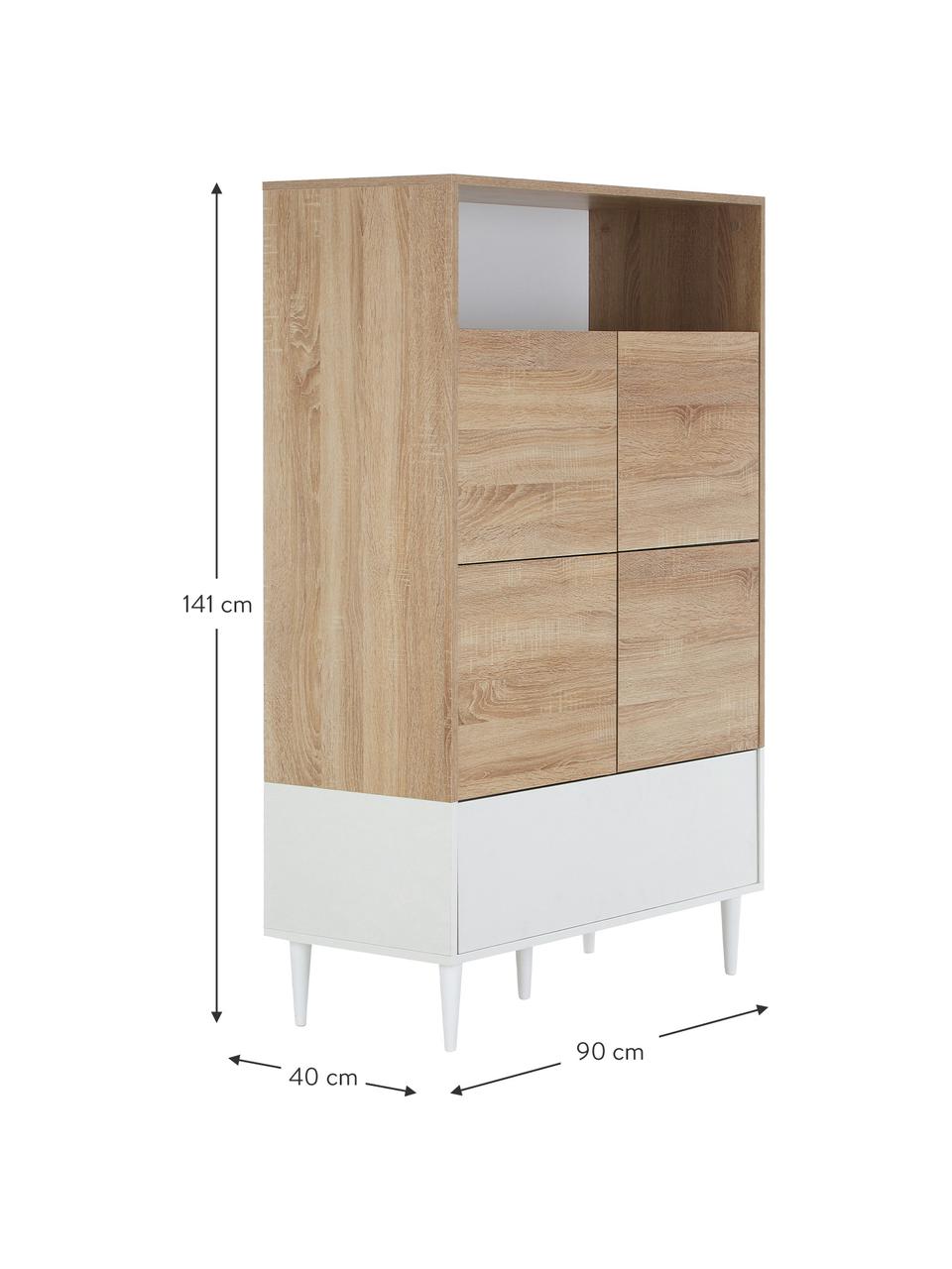 Credenza alta scandi con effetto legno di quercia Horizon, Piedini: legno massiccio di faggio, Legno di quercia, bianco, Larg. 90 x Alt. 141 cm