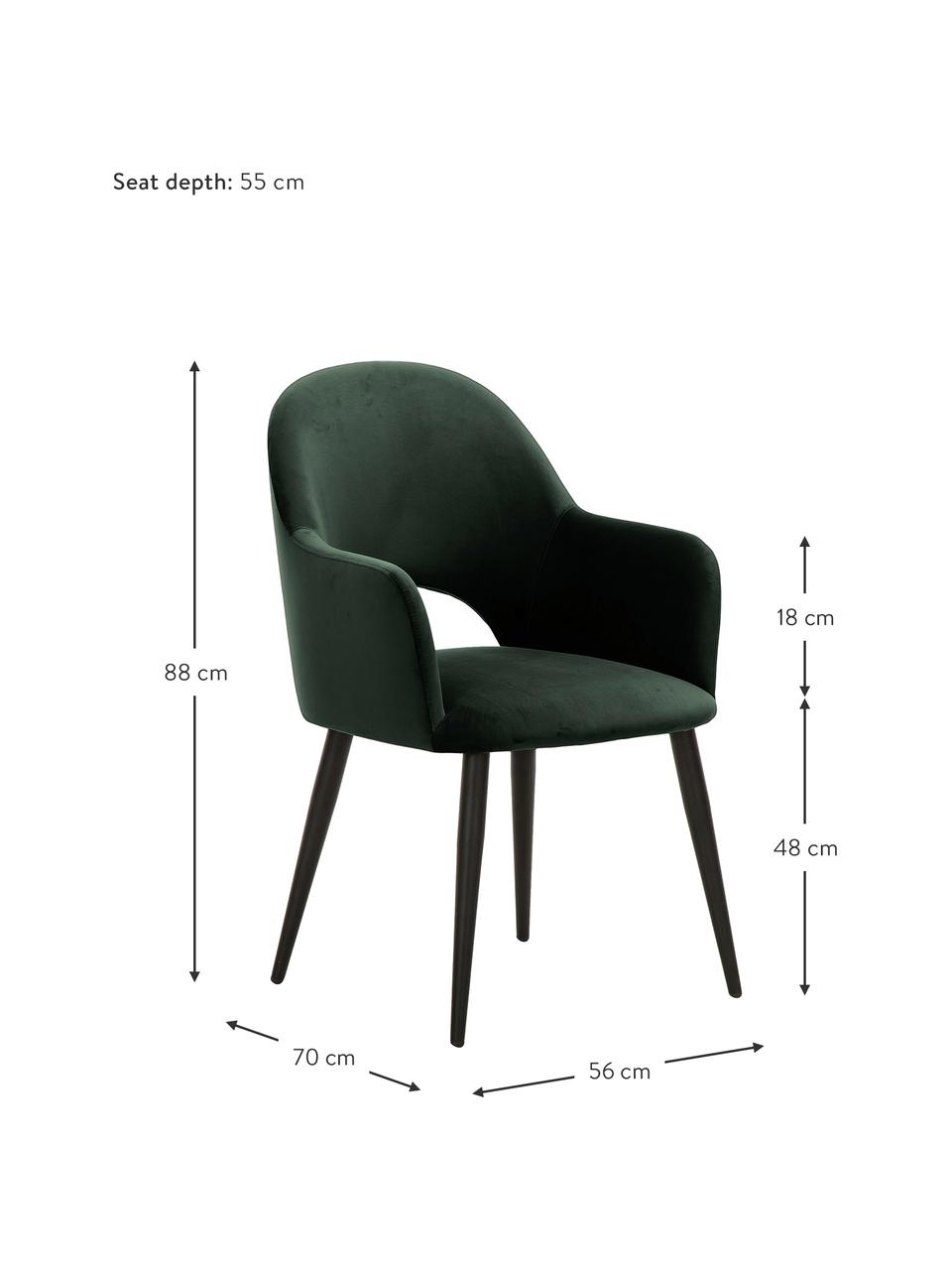 Krzesło z podłokietnikami z aksamitu Rachel, Tapicerka: aksamit (wysokiej jakości, Nogi: metal malowany proszkowo, Ciemnozielony aksamit, S 56 x G 70 cm
