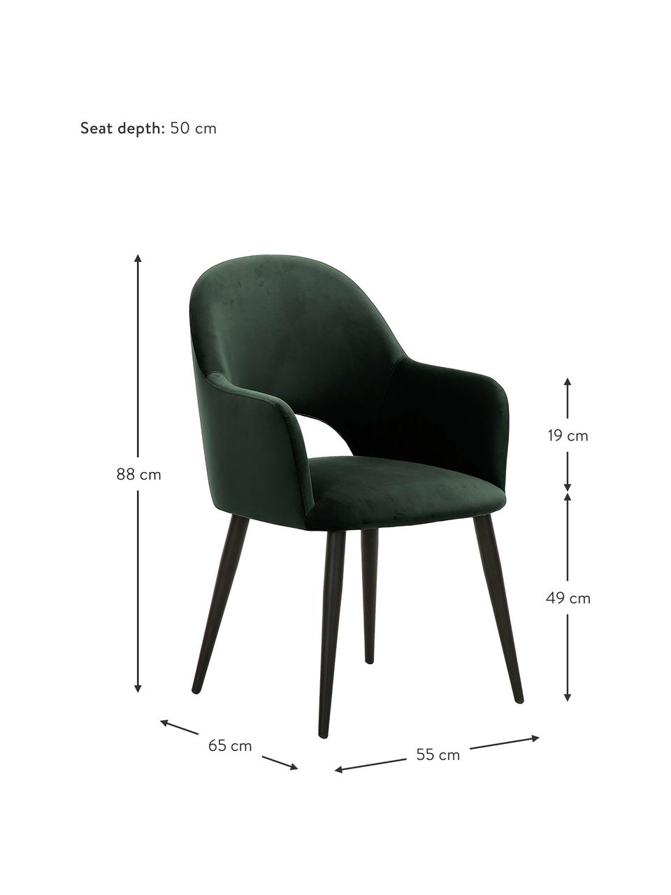Sametová židle s područkami Rachel, Tmavě zelená, Š 55 cm, H 65 cm