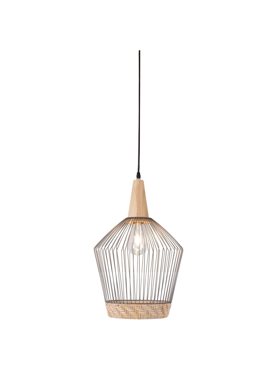 Lampa wisząca z rattanu i metalu Birdy, Klosz: rattan, jasny szary Osłona mocowania sufitowego: drewno kauczukowe, Ø 31 x W 48 cm