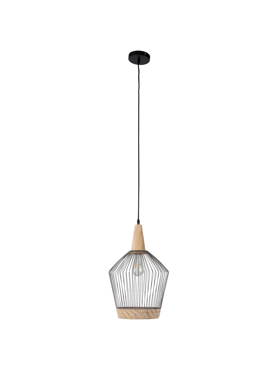 Lampada a sospensione in rattan e metallo Birdy, Paralume: rattan, metallo verniciat, Baldacchino: metallo verniciato, Paralume: rattan, grigio chiaro Fissaggio: legno dell'albero della gomma, Ø 31 x Alt. 48 cm