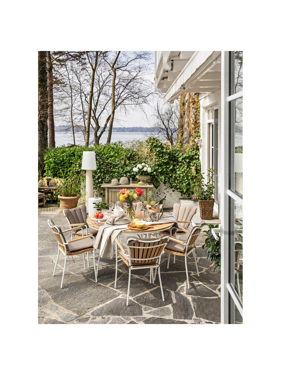 Ronde tuintafel Hard & Ellen met teakhouten tafelblad, verschillende formaten, Tafelblad: gepolijst teakhout V-Lega, Frame: gepoedercoat aluminium, Teakhout, wit, Ø 150 x H 73 cm