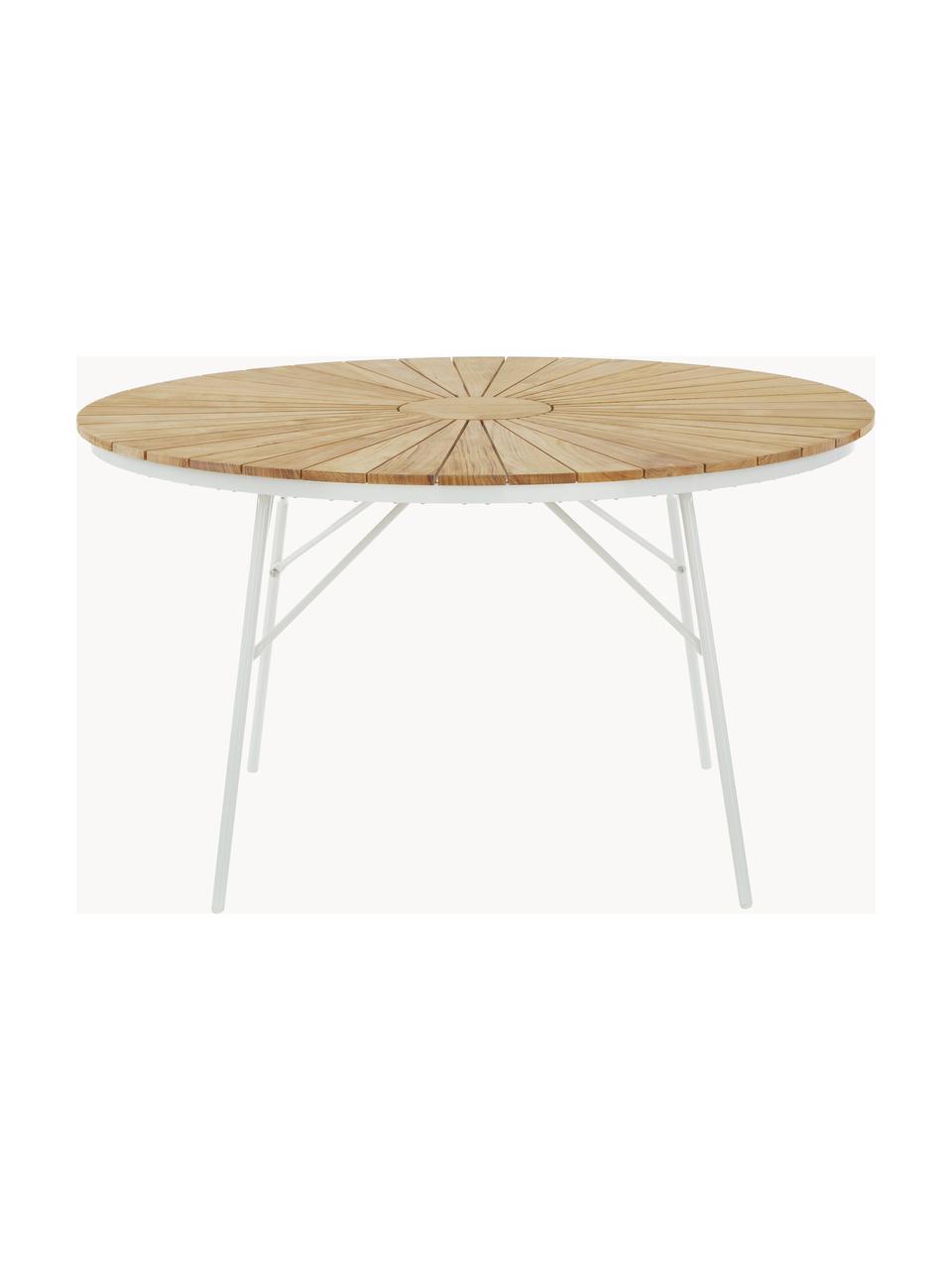 Ronde tuintafel Hard & Ellen met teakhouten tafelblad, verschillende formaten, Tafelblad: gepolijst teakhout V-Lega, Frame: gepoedercoat aluminium, Teakhout, wit, Ø 150 x H 73 cm