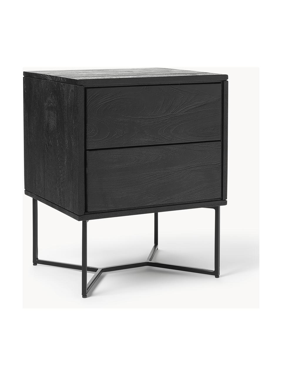 Table de chevet en manguier massif avec tiroirs Luca, Manguier noir laqué, cadre noir, larg. 45 x haut. 57 cm