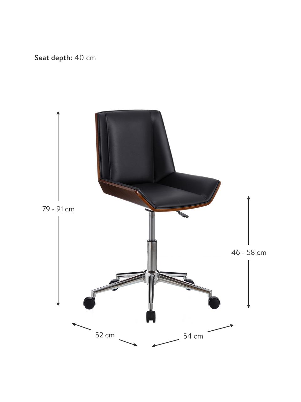 Sedia girevole da ufficio in similpelle Clar, Rivestimento: similpelle (poliuretano), Struttura: truciolato, Gambe: metallo, Ruote: materiale sintetico, Nero, marrone, Larg. 54 x Prof. 52 cm