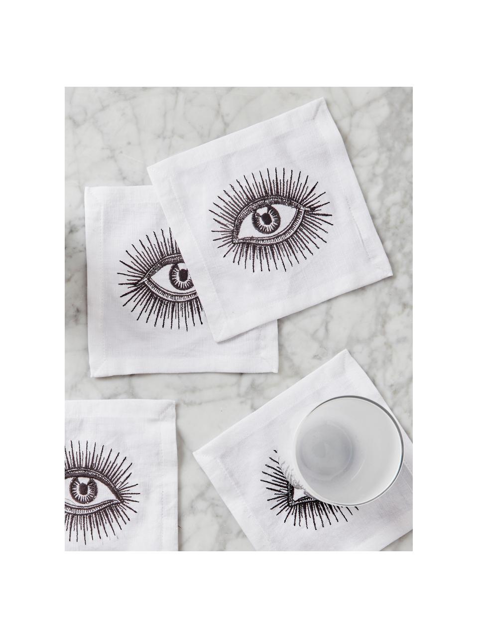 Designer Cocktail-Leinen-Servietten Eyes, 4 Stück, Leinen, Schwarz, Weiß, B 15 x L 15 cm