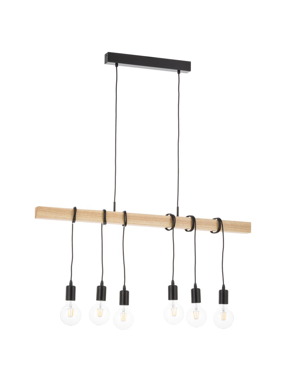 Grote hanglamp Townshend van hout, Baldakijn: gelakt staal, Zwart, houtkleurig, B 100  x D 10 cm
