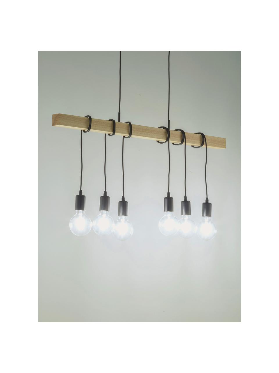 Grote hanglamp Townshend van hout, Baldakijn: gelakt staal, Zwart, rubberhout, B 100 x D 10 cm