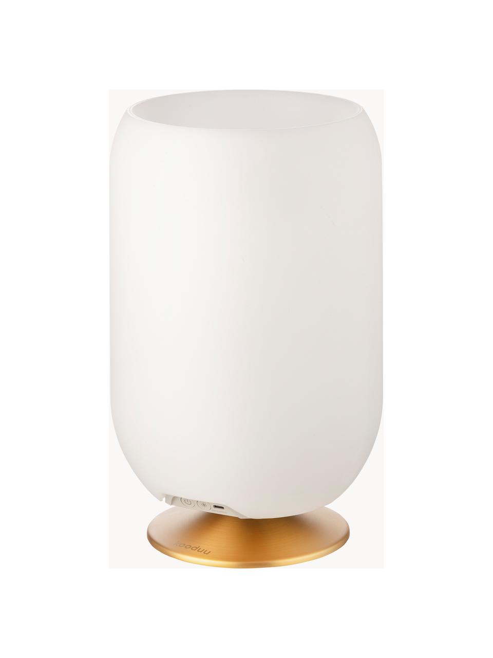 Lampada da tavolo a LED con luce regolabile e altoparlante Bluetooth Atmos, Paralume: polietilene, Struttura: metallo rivestito, Bianco, dorato, Ø 22 x Alt. 37 cm