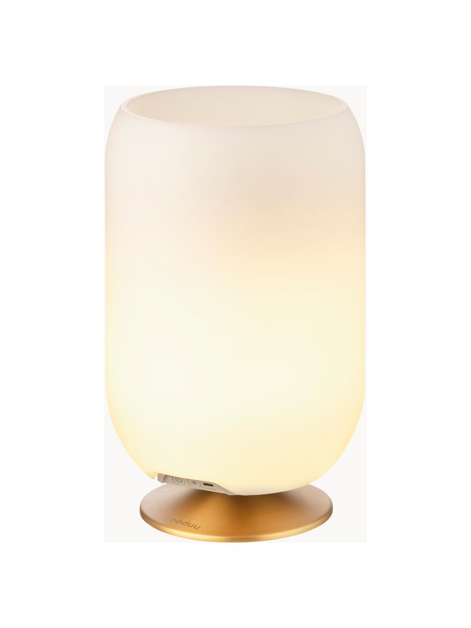 Lampada da tavolo a LED con luce regolabile e altoparlante Bluetooth Atmos, Paralume: polietilene, Struttura: metallo rivestito, Bianco, dorato, Ø 22 x Alt. 37 cm