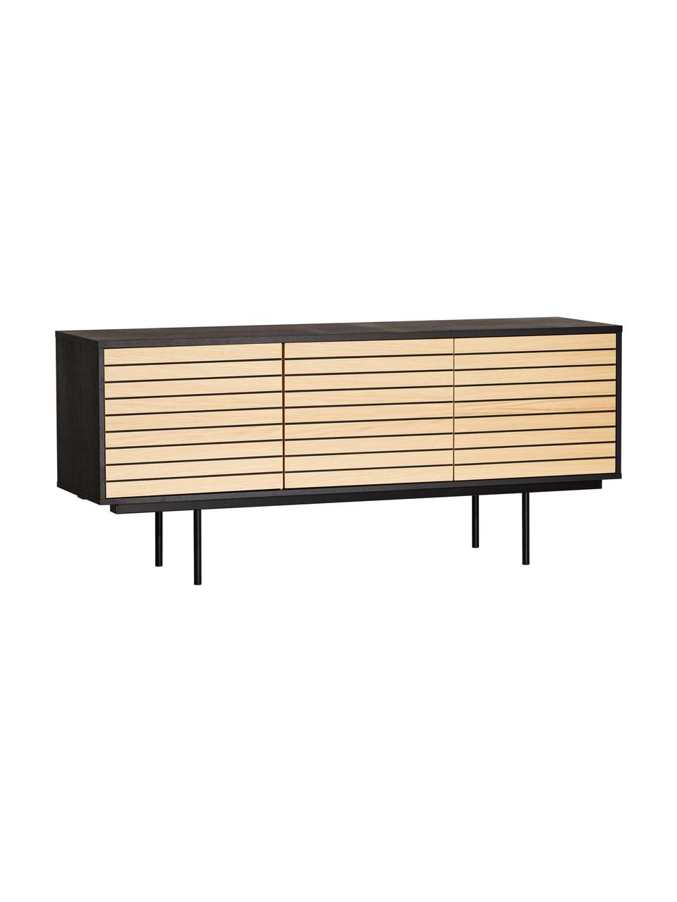 Aparador en roble Stripe, Estructura: tablero de fibras de dens, Patas: metal con pintura en polv, Roble, negro, An 161 x Al 70 cm