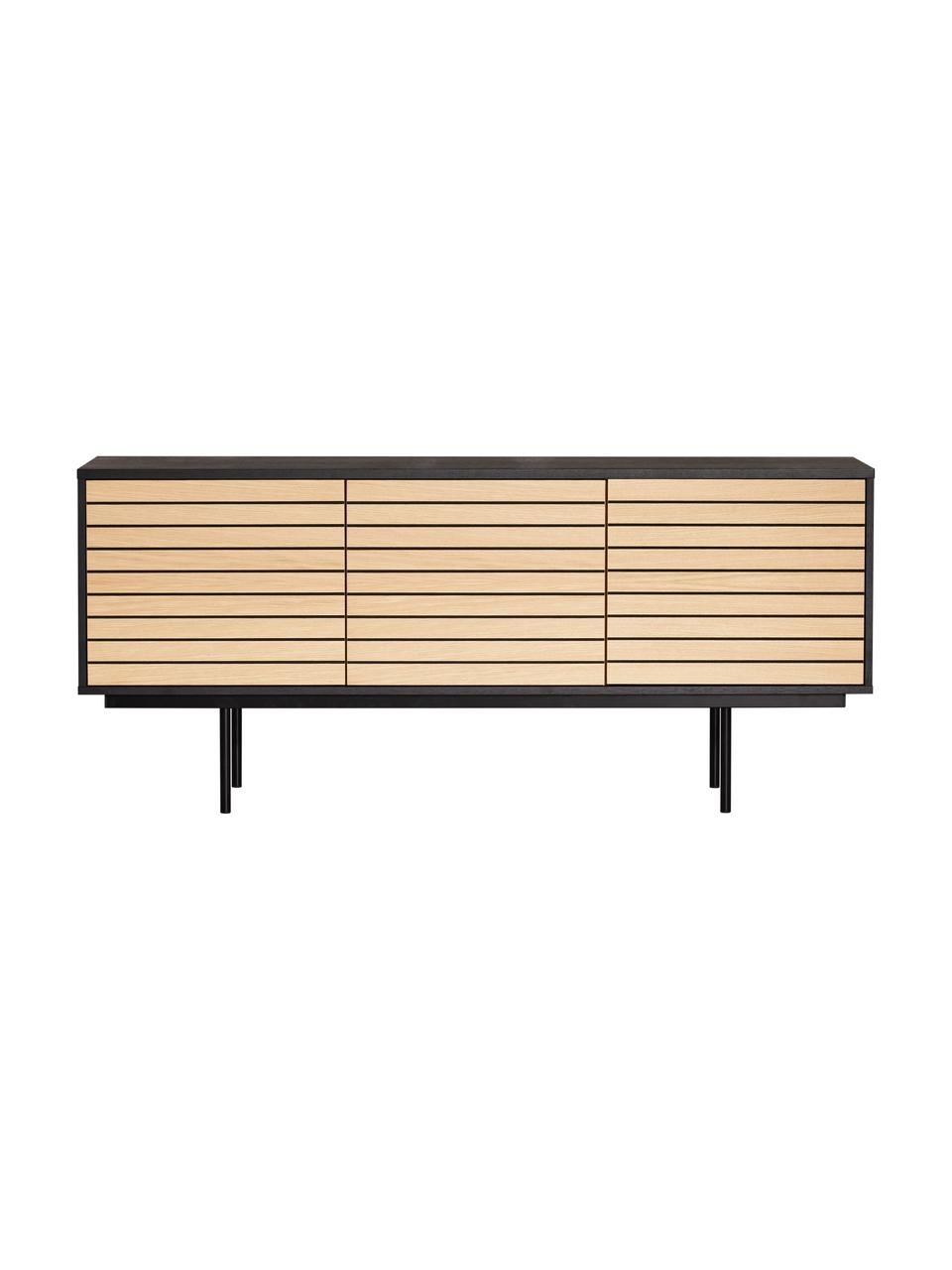 Aparador en roble Stripe, Estructura: tablero de fibras de dens, Patas: metal con pintura en polv, Roble, negro, An 161 x Al 70 cm