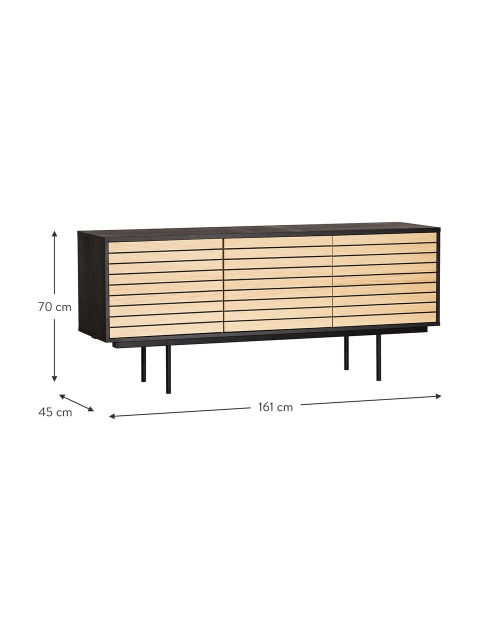 Credenza con finitura in rovere Stripe, Piedini: metallo verniciato a polv, Legno di quercia, nero, Larg. 161 x Alt. 70 cm