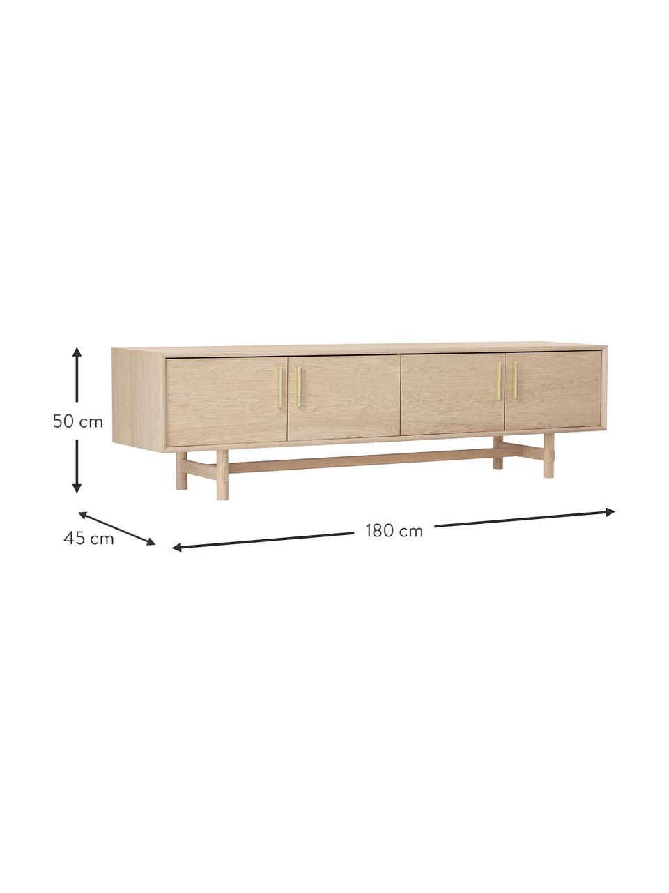 Lowboard Diana aus Eichenholz mit Türen, Korpus: Spanplatte mit Eichenholz, Beine: Massives Eichenholz, FSC-, Griffe: Aluminiumlegierung, Holz, B 180 x H 50 cm