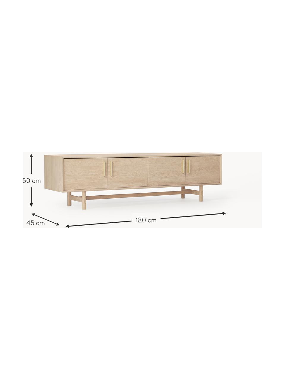 Tv-meubel Diana van eikenhout met deuren, Frame: spaanplaat met eikenhoutf, Poten: massief eikenhout, FSC-ge, Handvatten: aluminiumlegering, Licht hout, B 180 cm x H 50 cm
