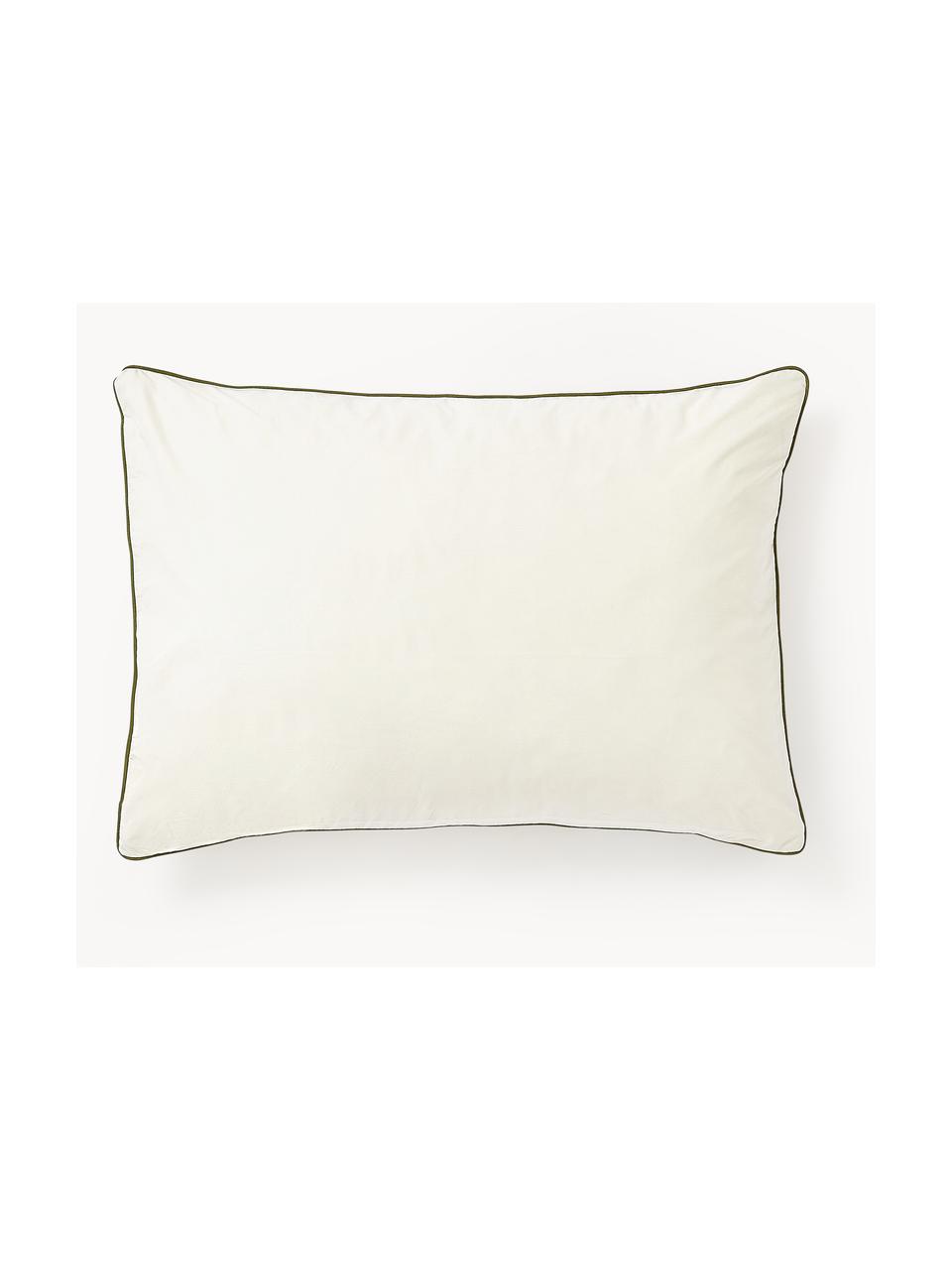 Taie d'oreiller en percale de coton avec passepoil Daria, Blanc crème, vert olive, larg. 50 x long. 70 cm