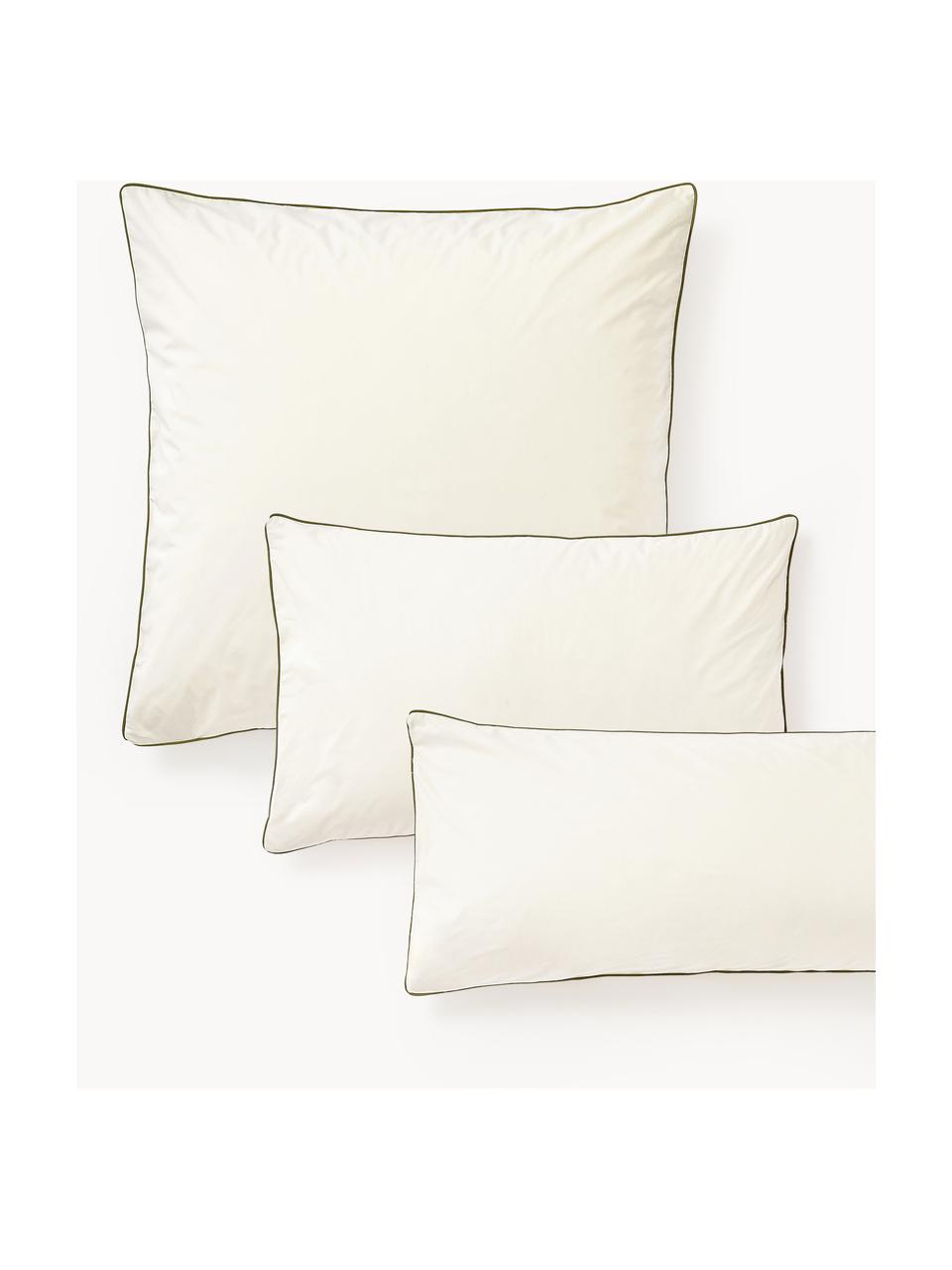 Taie d'oreiller en percale de coton avec passepoil Daria, Blanc crème, vert olive, larg. 50 x long. 70 cm