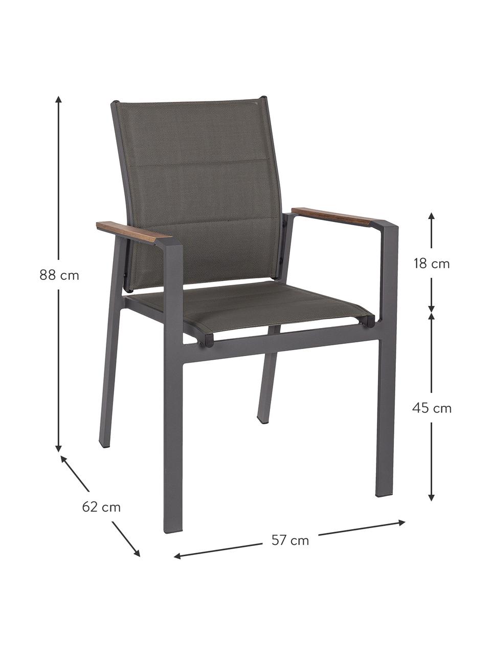 Stapelbarer Garten-Armlehnstuhl Kubik, Gestell: Aluminium, pulverbeschich, Sitzfläche: Textilien, Armlehnen: Sperrholz, beschichtet, Dunkelgrau, Holz, B 57 x T 62 cm