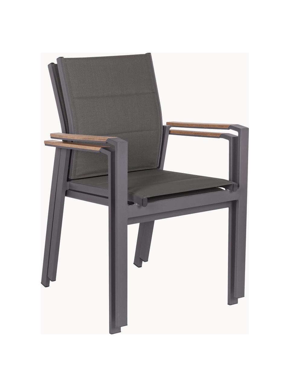 Silla con reposabrazos para exterior apilable Kubik, Estructura: aluminio con pintura en p, Asiento: textil, Reposabrazos: madera contrachapada, rec, Gris oscuro, madera, An 57 x F 62 cm