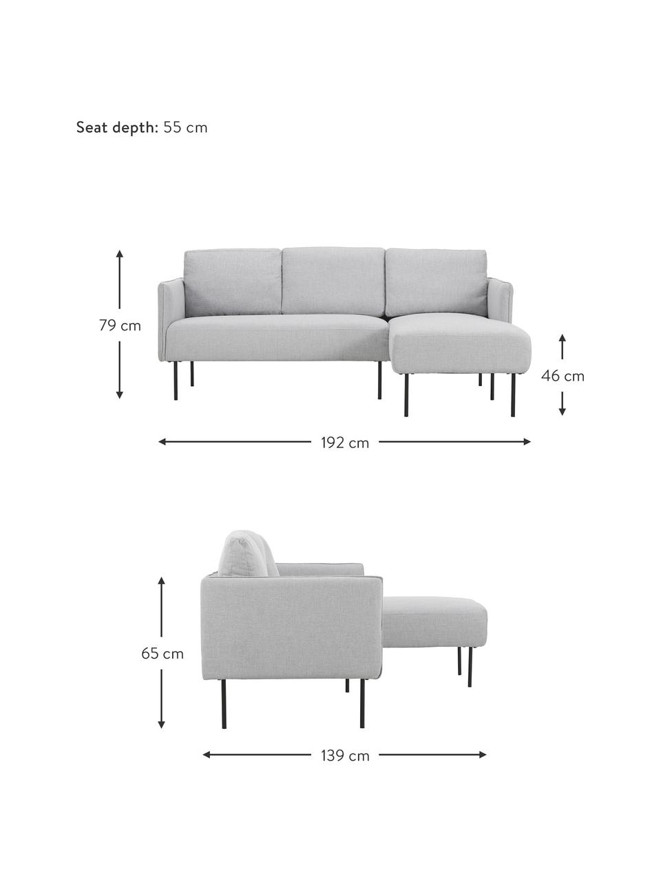 Ecksofa Ramira in Hellgrau mit Metall-Füßen, Bezug: Polyester 40.000 Scheuert, Gestell: Massives Kiefernholz, Spe, Füße: Metall, pulverbeschichtet, Webstoff Hellgrau, 192 x 79 cm