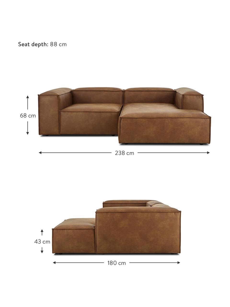 Narożna sofa modułowa ze skóry z recyklingu Lennon, Tapicerka: skóra z recyklingu (70% s, Stelaż: lite drewno sosnowe z cer, Nogi: tworzywo sztuczne, Brązowa skóra, S 238 x G 180 cm, prawostronna