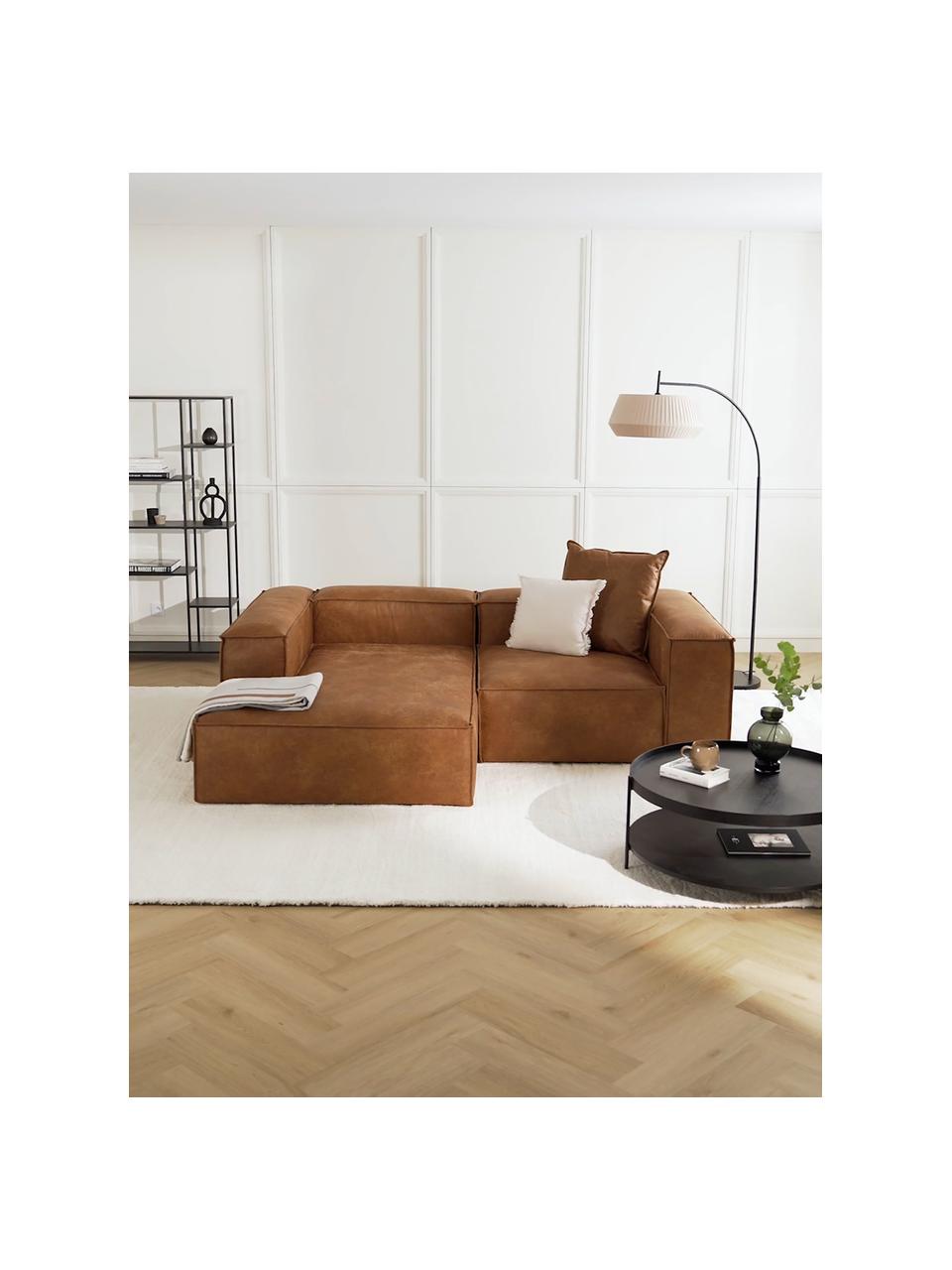 Modulaire hoekbank Lennon van gerecycled leer, Bekleding: gerecycled leer (70% leer, Frame: massief hout, multiplex, Poten: kunststof Dit product is , Leer bruin, B 238 x D 180 cm, hoekdeel rechts