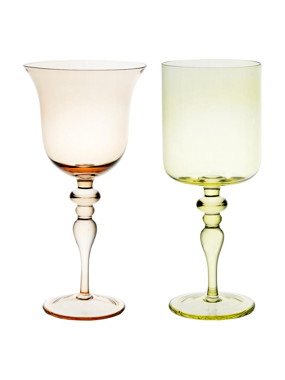 Mondgeblazen wijnglazen Diseguale in verschillende kleuren en vormen, 6 stuks, Mondgeblazen glas, Geeltinten, rozetinten, Ø 8 x H 20 cm, 200 ml