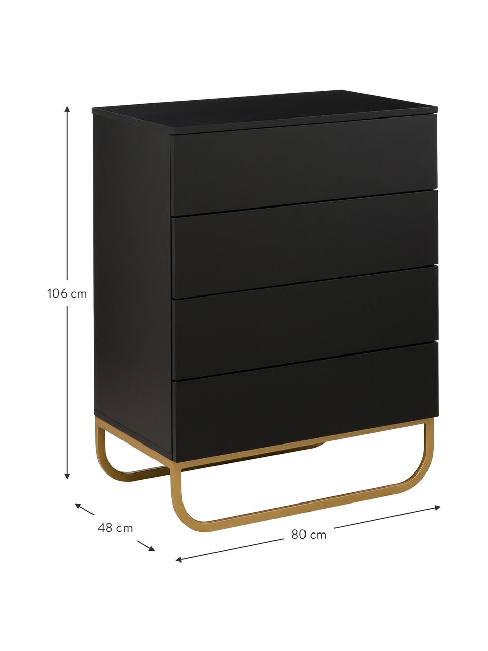 Schubladenkommode Sanford in Schwarz, Korpus: Mitteldichte Holzfaserpla, Schwarz, Goldfarben, 80 x 106 cm