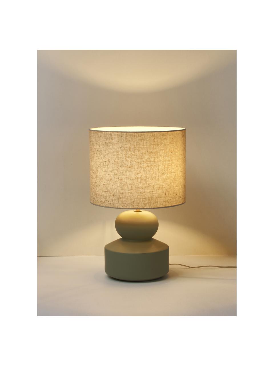 Große Keramik-Tischlampe Georgina, Lampenschirm: Textil, Lampenfuß: Keramik, Dekor: Metall, vermessingt, Beige, Hellgrün, Ø 33 x H 52 cm