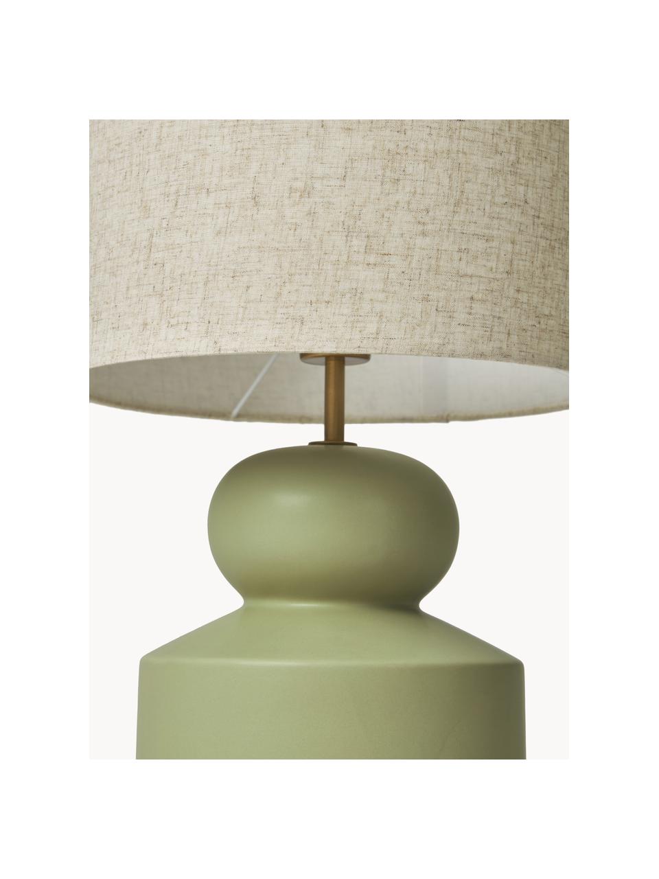 Grote keramische tafellamp Georgina, Lampenkap: textiel, Lampvoet: keramiek, Decoratie: vermessingd metaal, Beige, groen, Ø 33 x H 52 cm
