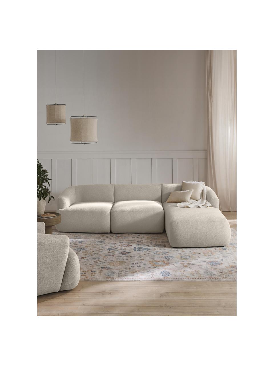 Modulares Bouclé-Ecksofa Sofia (3-Sitzer), Bezug: Bouclé (100 % Polyester) , Gestell: Fichtenholz, Spanplatte, , Füße: Kunststoff Dieses Produkt, Bouclé Off White, B 277 x T 185 cm, Eckteil rechts